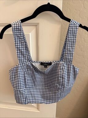 Lulu's Blue & White Gingham Square-Neck Crop Top
